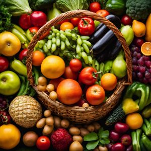 Großer bunter Korb mit verschiedenen frischen Obst und Gemüsesorten