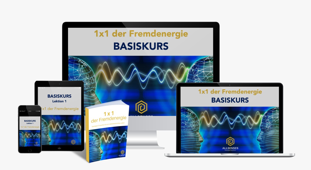 Basiskurs auf Smartphone, Tablet, Desktop und als Produktbox, Wellenform-Design mit ALLSENSES-Logo