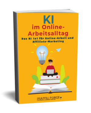 E-Book Cover KI im Online-Arbeitsalltag mit Glühbirne, Person und Bücherstapel