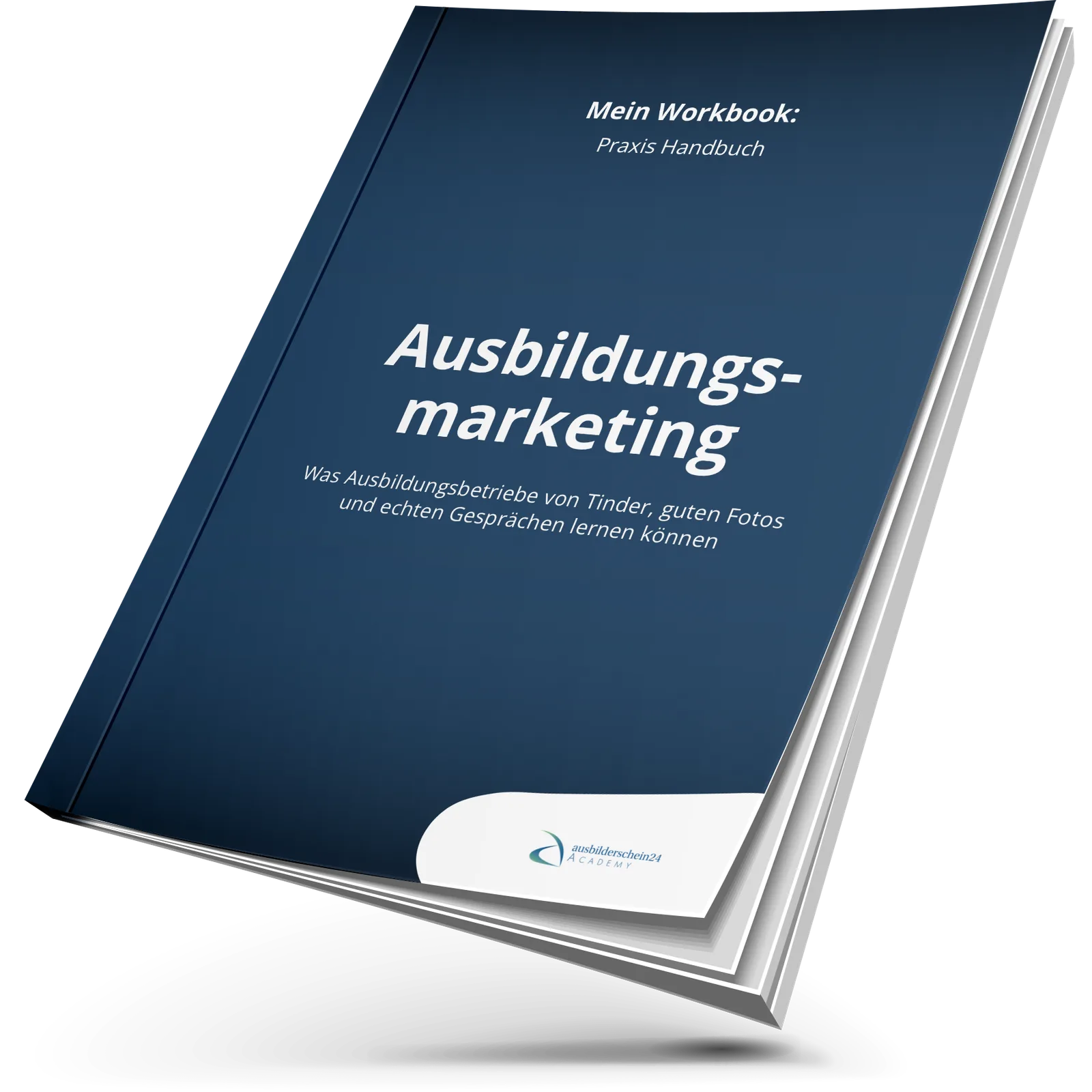 Workbook-Mockup mit dunkelblauem Cover: Mein Workbook - Praxis Handbuch Ausbildungsmarketing