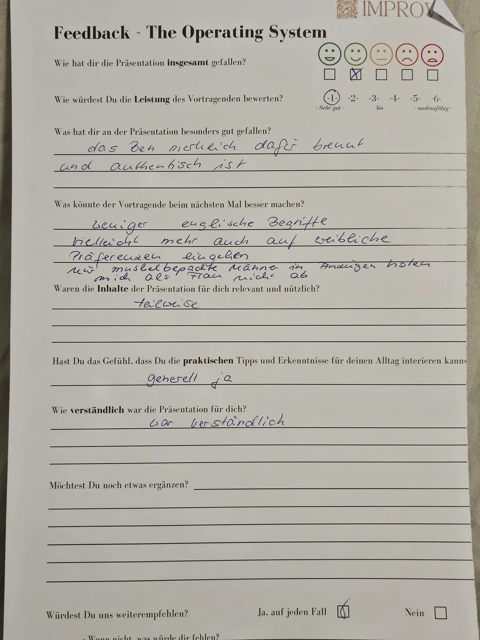 Handschriftlicher Feedback-Zettel aus einem Live-Seminar (1)