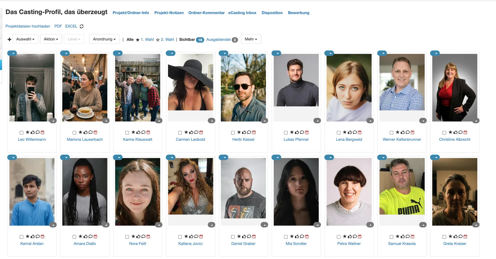 Screenshot Casting-Profil Datenbank mit Rasteransicht von Schauspieler-Porträts