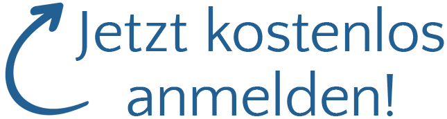 Blauer Pfeil mit Aufschrift Jetzt kostenlos anmelden