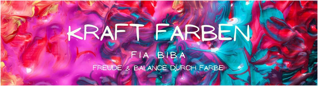 Farbige abstrakte Grafik mit weißem Text zu Kraftfarben und Fia Biba