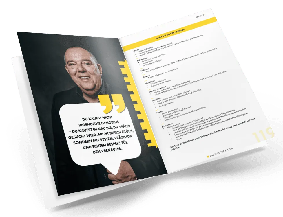 Aufgeschlagenes Buch mit Oliver Fischers Foto und Zitat über Immobilienkauf