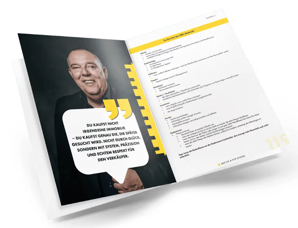 Buchseiten aus Das FIX&FLIP System mit Inhalten und Strategien