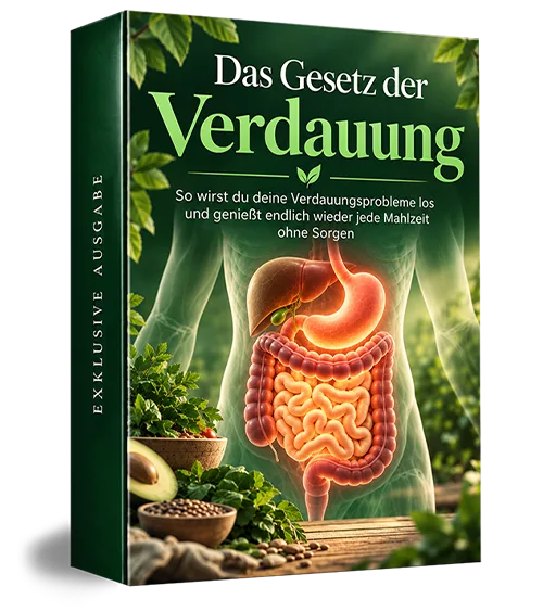 Das Gesetz der Verdauung Buch-Cover mit grünem Blatt und anatomischer Magengrafik