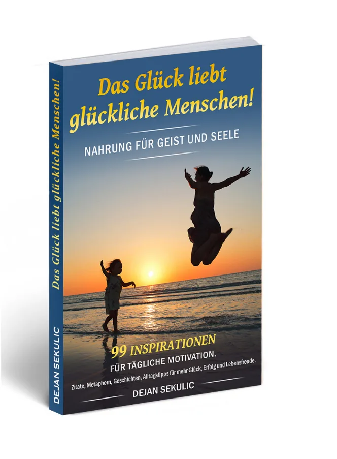 Buchcover Das Glück liebt glückliche Menschen von Dejan Sekulic, zwei Menschen springen am Strand bei Sonnenaufgang