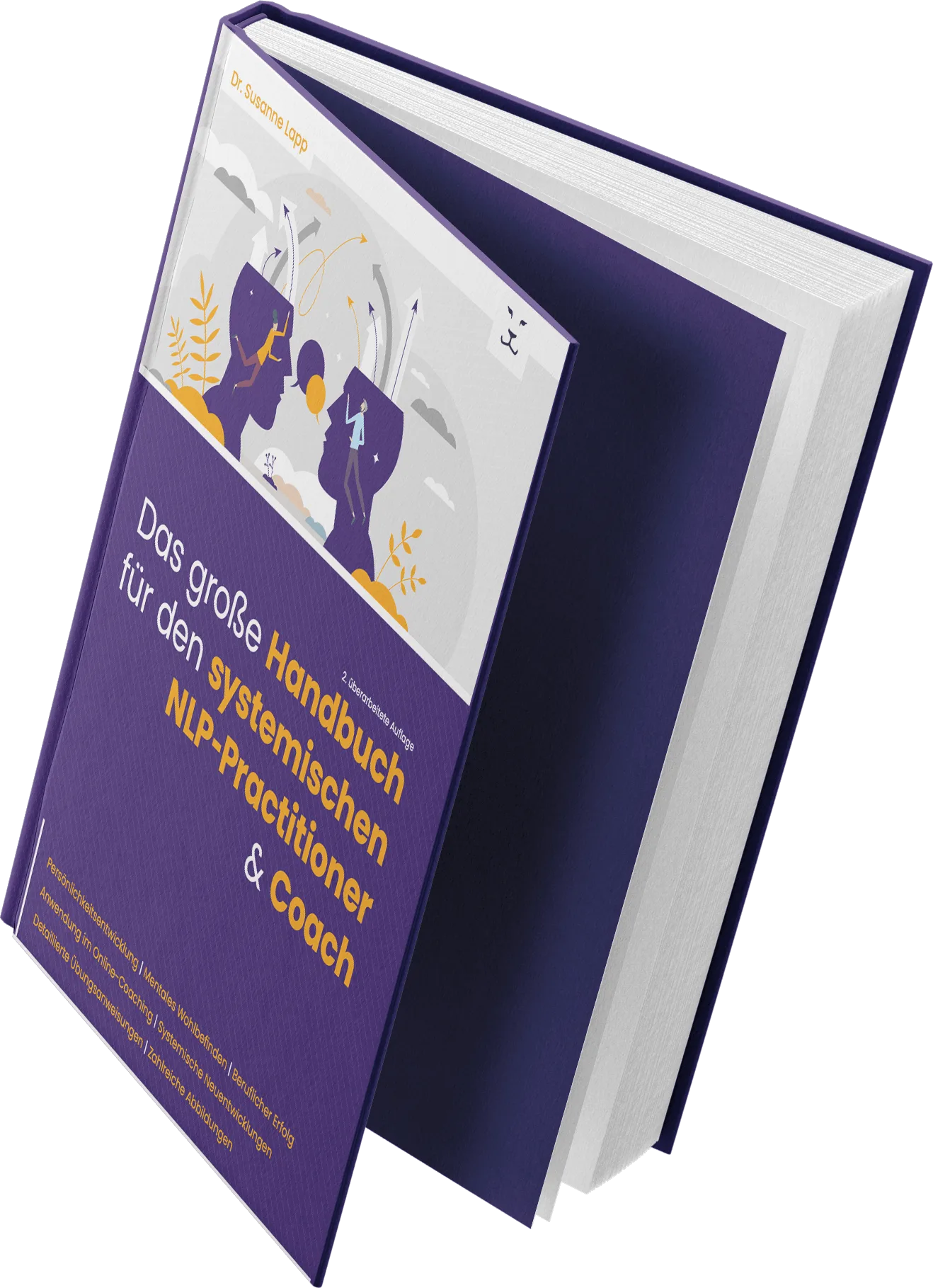 Das große Handbuch für den systemischen NLP-Practitioner 12 3D-Mockup: Aufgeschlagenes Handbuch aus angewinkelt-perspektivischer Ansicht mit Hardcover in Dunkelblau und weißen Seiten