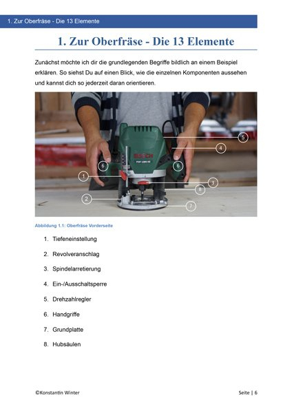 E-Book Seite zeigt Die 13 Elemente einer Oberfräse mit beschrifteter Abbildung