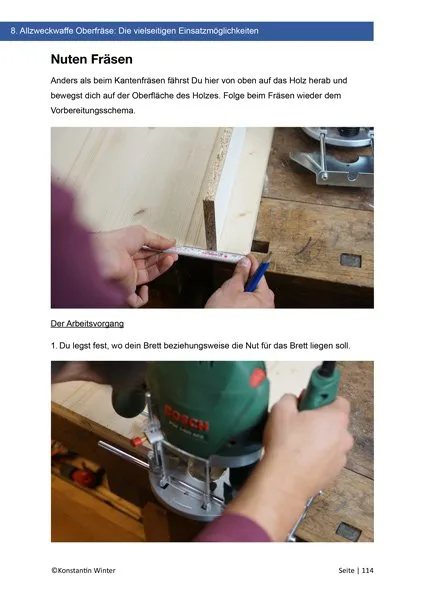 E-Book Seite Nuten fräsen mit Fotoserie der Arbeitsschritte und Anweisungen