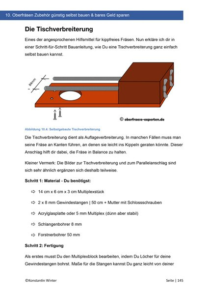 Technische Anleitung zur Tischverbreiterung für Oberfräse mit Maßstäben und Materialangaben