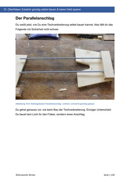 Fotografie eines selbstgebauten Parallelanschlags für die Oberfräse auf Holzwerkstatt-Untergrund