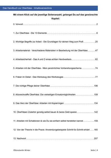 Inhaltsverzeichnis des E-Books Das Handbuch zur Oberfräse mit 13 Kapiteln