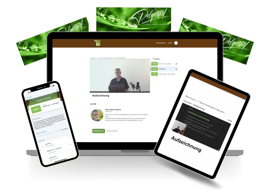 Mockup des Hausapotheken-Onlinekurses auf Smartphone, Tablet und Desktop mit grünem Design und Autorenprofil