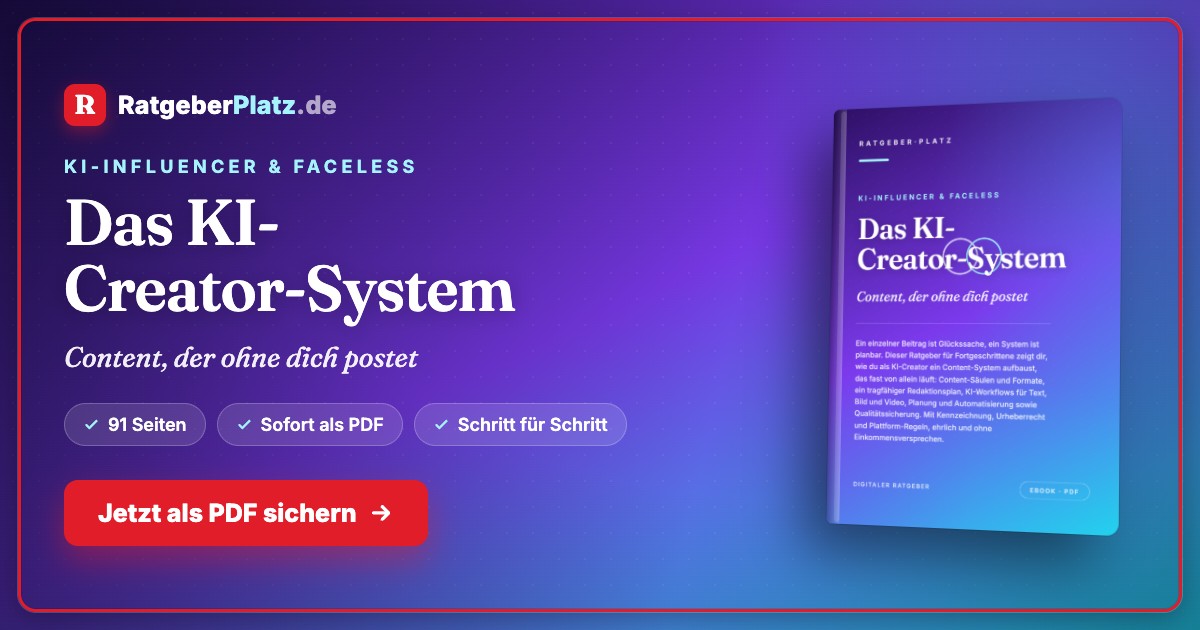Hero-Banner für Das KI-Creator-System mit Ratgeberplatz.de Logo, Buchtitel und CTA-Button