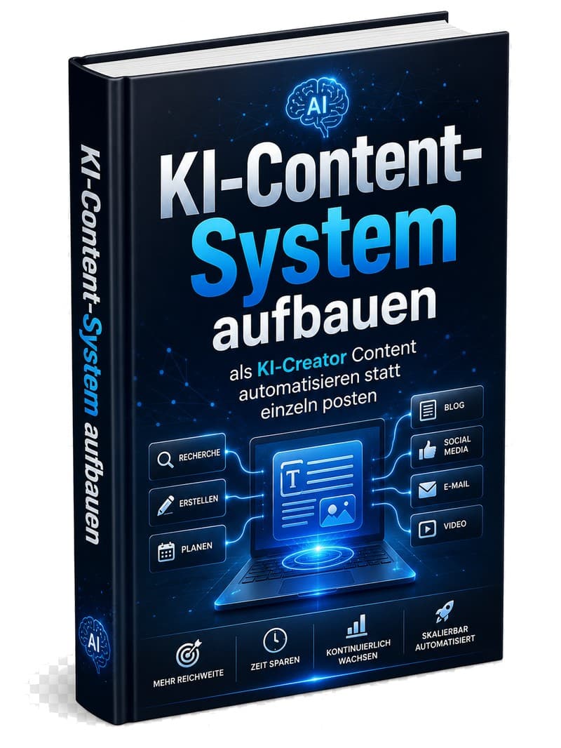 Cover Das KI-Content-System aufbauen mit Laptop und Icons für Blog, Social Media, E-Mail, Video