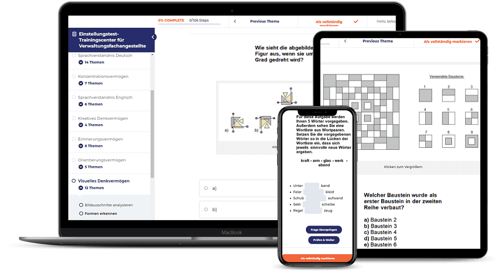 Das komplette Online-Trainingsmodul für alle Berufe 6 Digitale Trainingsplattform mit Verwaltungstest-Modulen auf Laptop, Tablet und Smartphone, verschiedene Aufgabentypen und For