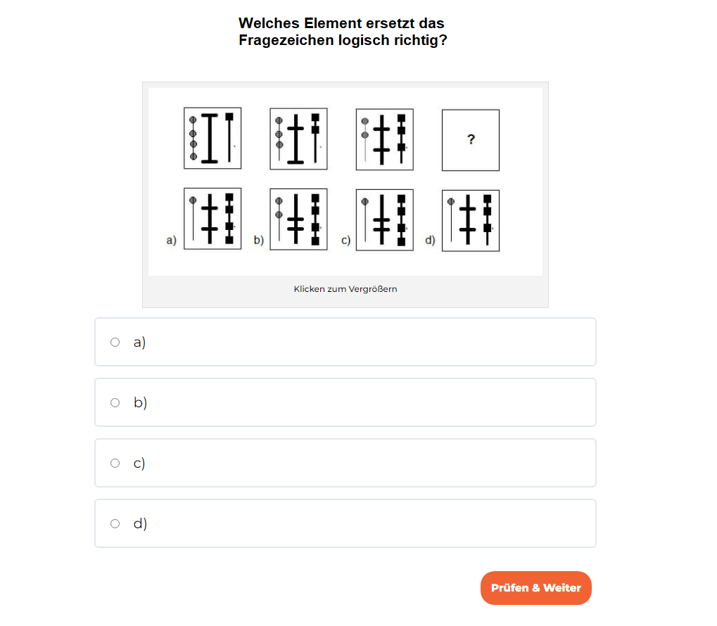 Das komplette Online-Trainingsmodul für alle Berufe 4 Beispielaufgabe Einstellungstest: Logische Reihenfolge mit Symbolen und Fragezeichen, Multiple-Choice-Antworten a-d, Schaltfl
