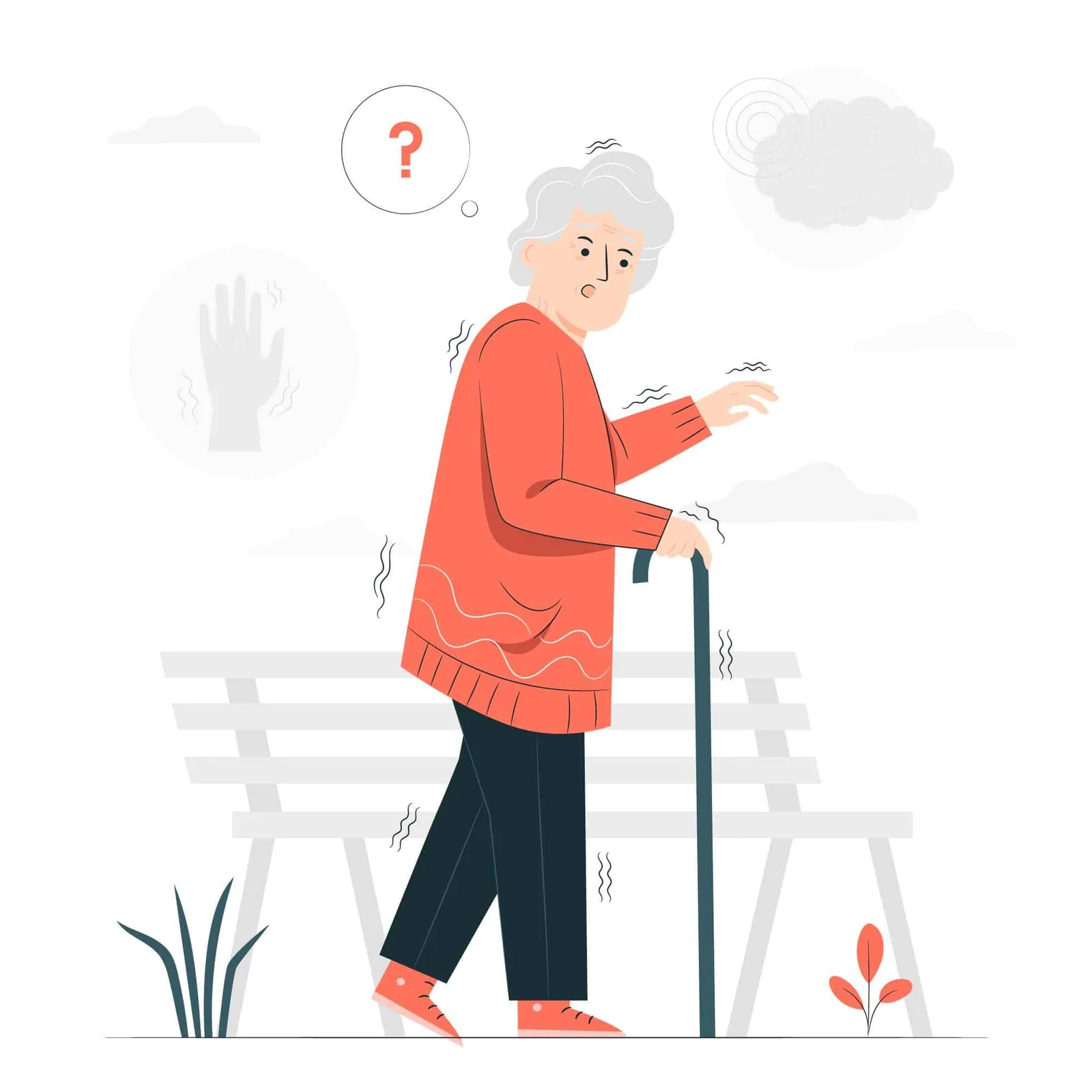 Illustrierte ältere Frau mit Parkinson-Symptomen: Tremor in Händen und Beinen, verwirrt, mit Gehstock