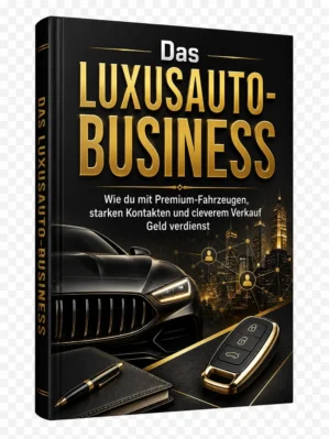 Das Luxusauto-Business E-Book Cover mit schwarzem Einband, goldenen Buchstaben und Luxusauto-Motiv
