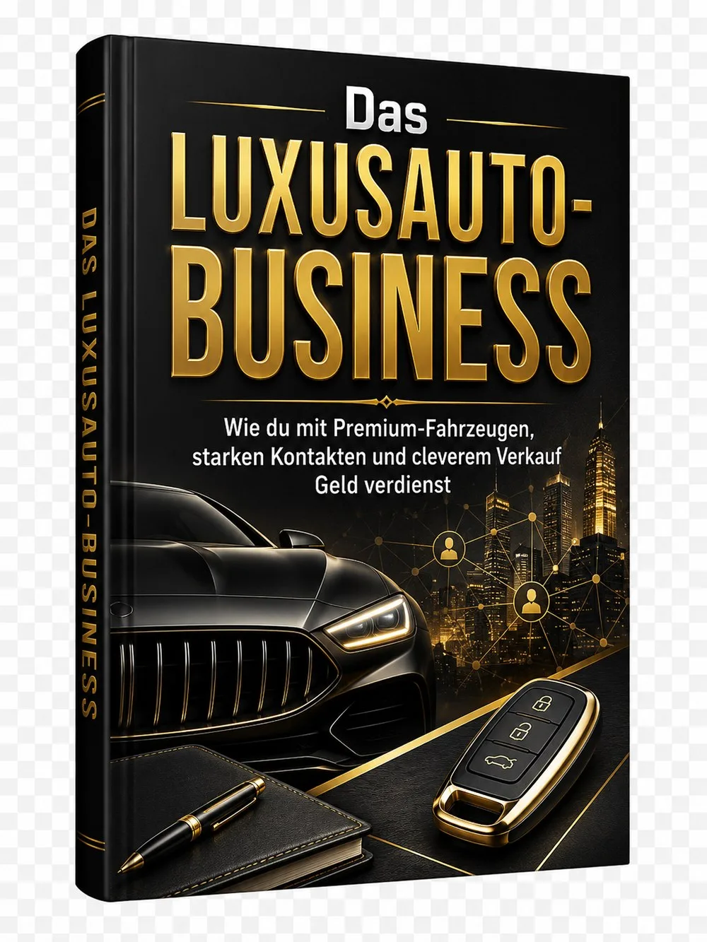 Das Luxusauto-Business E-Book Cover mit schwarzem Einband, goldenen Buchstaben und Luxusauto-Motiv