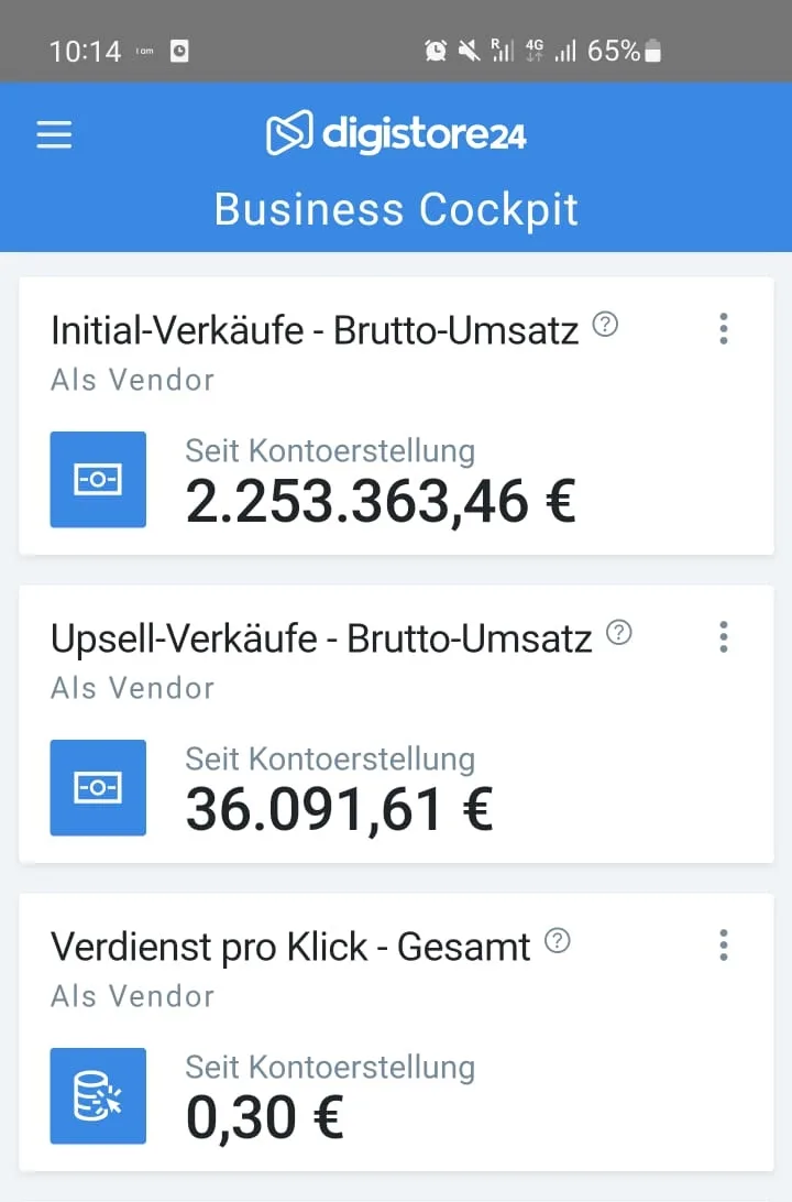 Digistore24 App Business Cockpit zeigt Brutto-Umsatz von 2.253.363 Euro und Upsell-Umsatz von 36.091 Euro