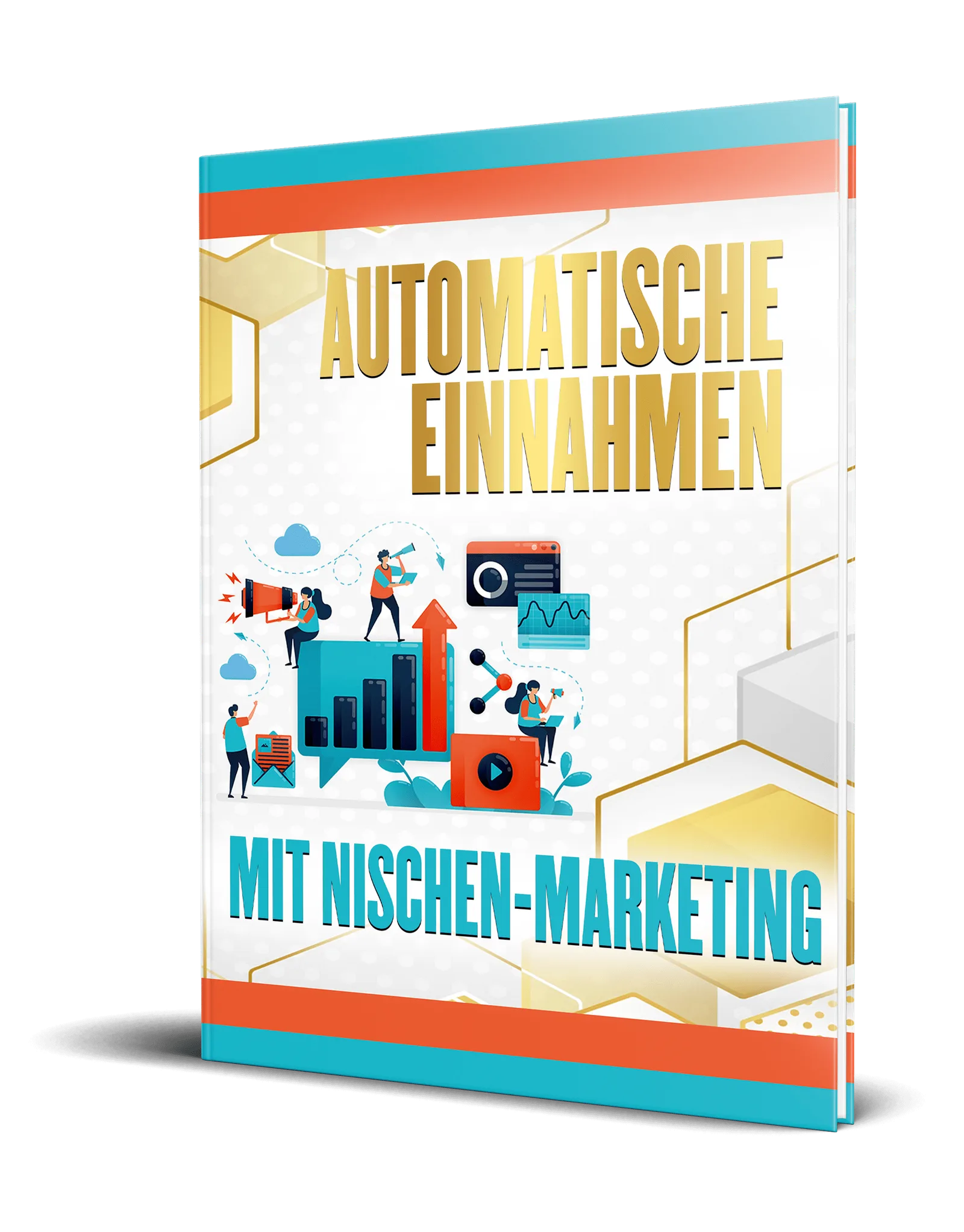 Ebook-Cover Automatische Einnahmen mit Nischen-Marketing, türkis-orange Design mit Business-Illustrationen