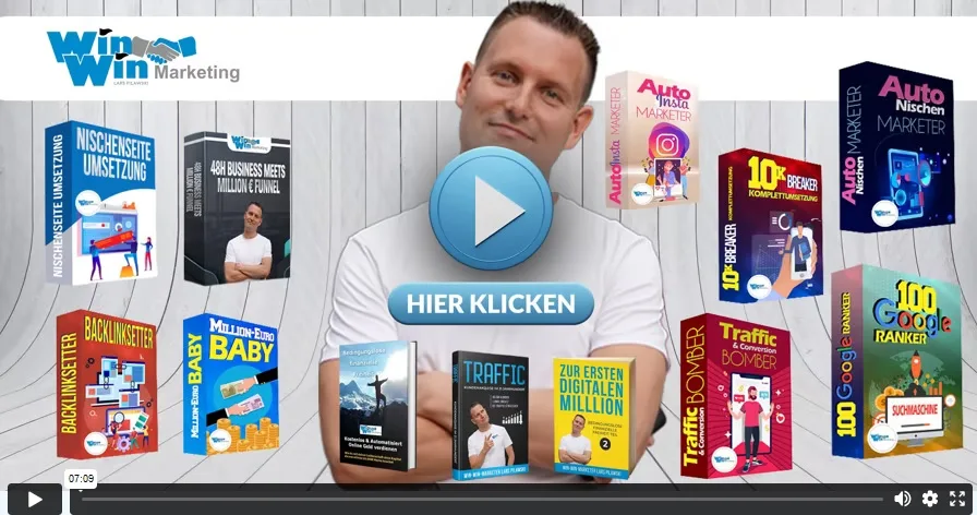 Lars Pilawski präsentiert seine Produkte und Kurse mit Play-Button, Video-Thumbnail, umgeben von Produktboxen