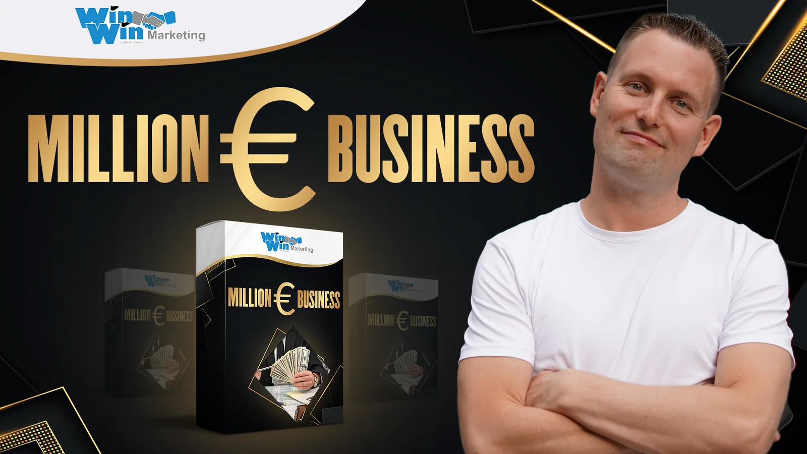 VSL-Thumbnail Million Euro Business mit Lars Pilawski, Produktbox auf schwarzem Hintergrund, gold-schwarzes Design