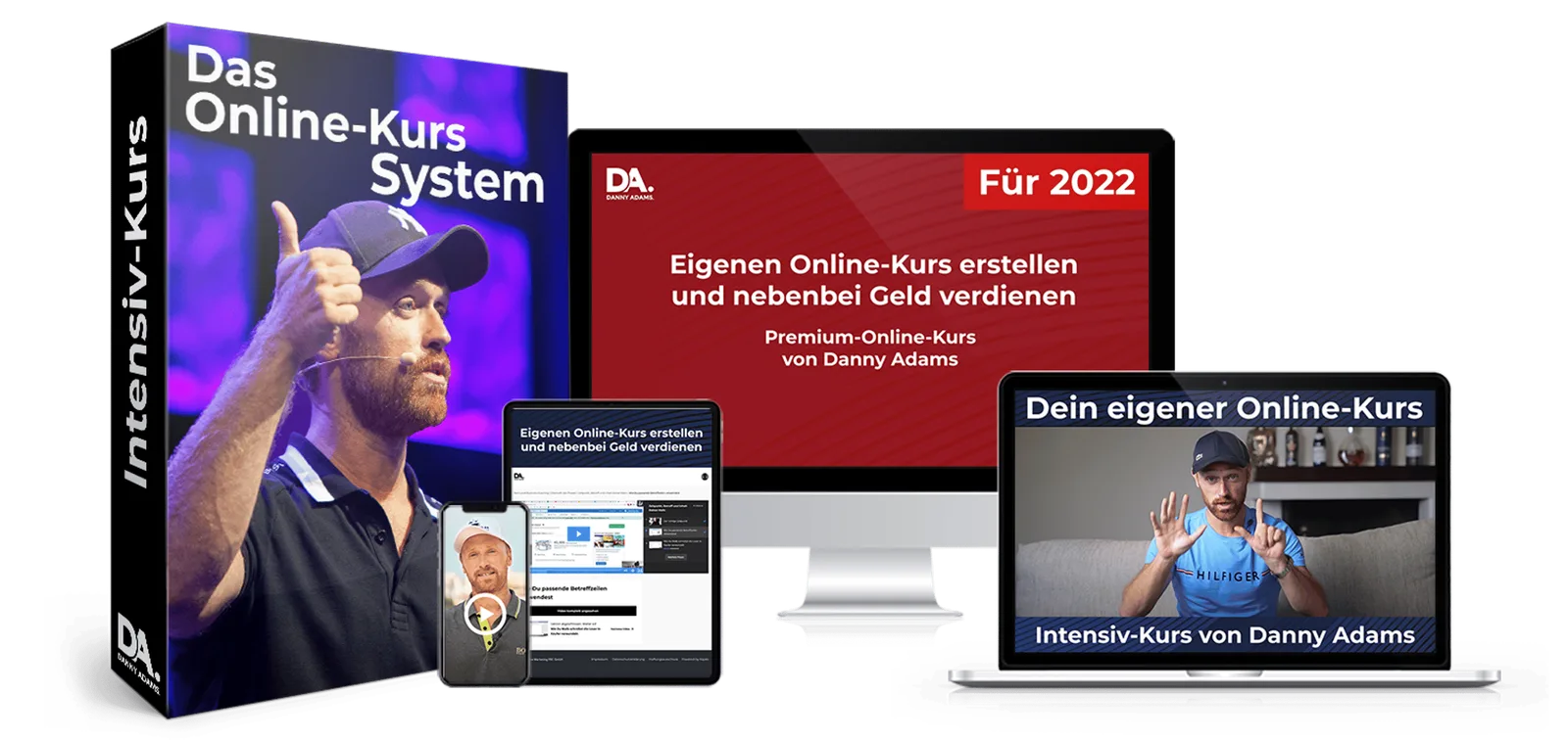 Das Online-Kurs-System von Danny Adams mit Produktbox, Smartphone, Tablet und Laptop-Mockups
