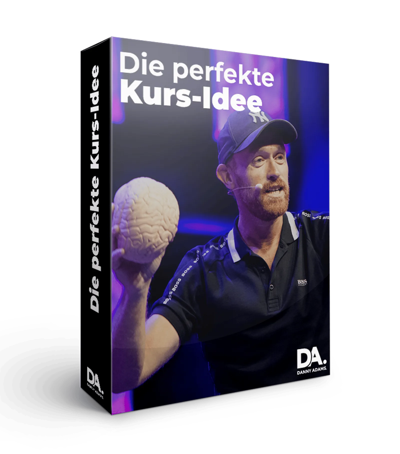 Boxcover Die perfekte Kurs-Idee mit Portrait von Danny Adams, Brain-Grafik und violettem Gradient