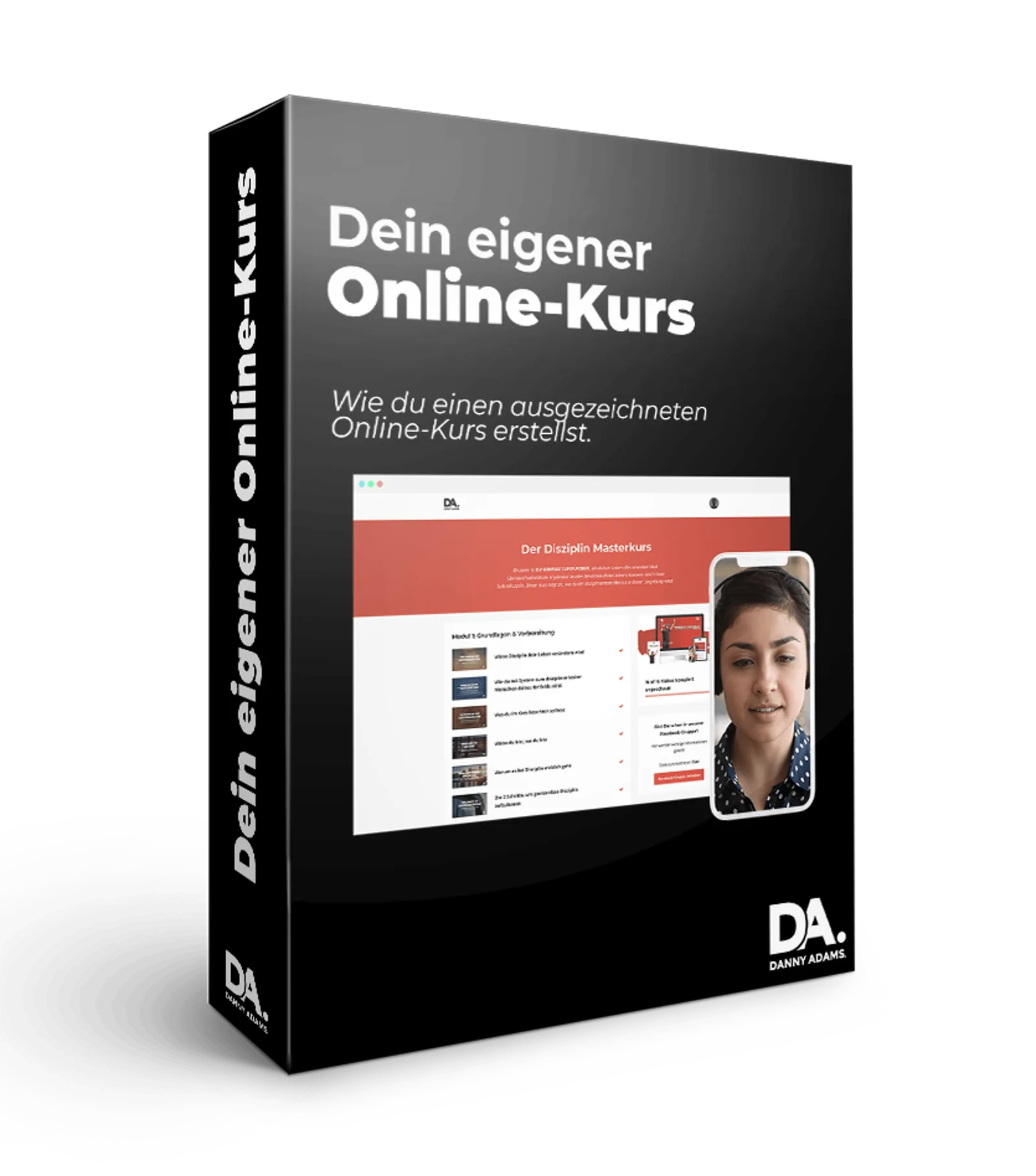 Boxcover Dein eigener Online-Kurs mit Website-Mockup und Portrait einer Frau auf schwarzem Hintergrund