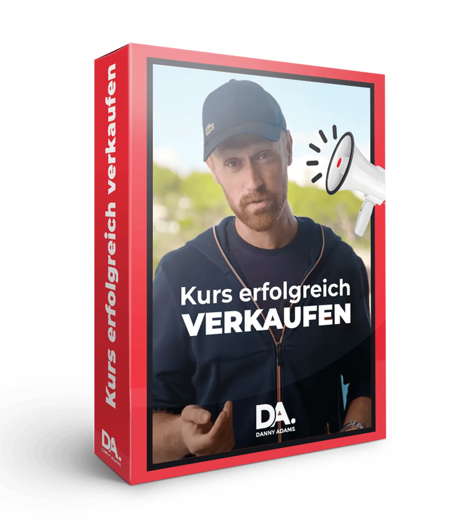 Rote Boxverpackung Kurs erfolgreich verkaufen mit Portrait von Danny Adams und Megafon-Symbol