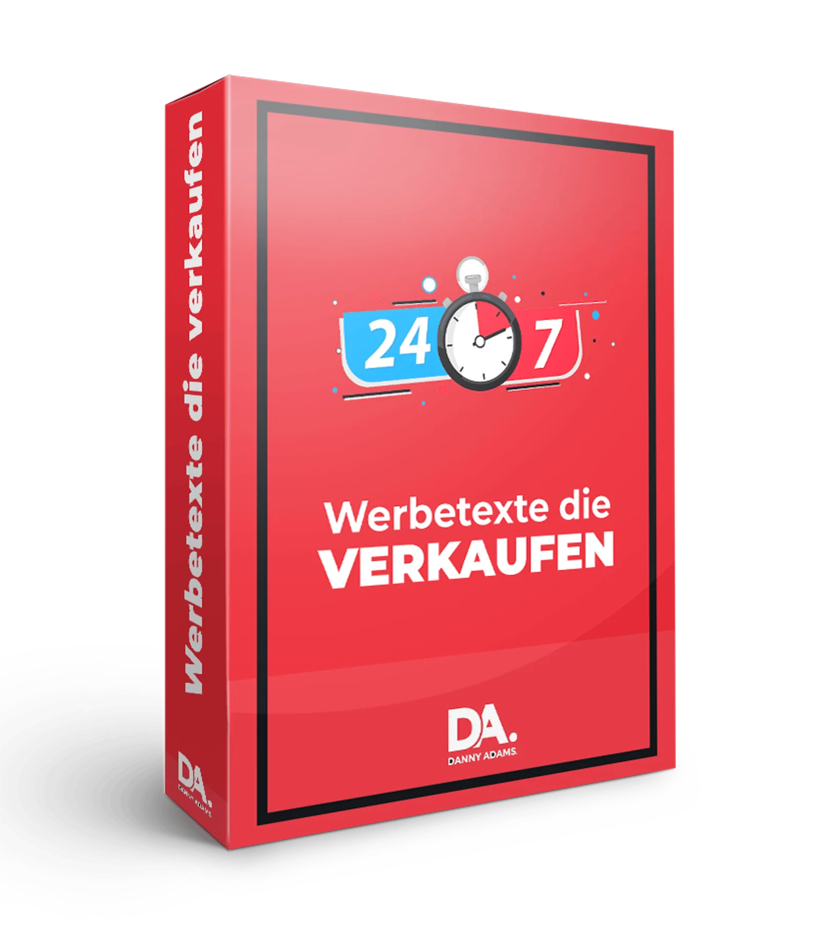Rote Boxverpackung Werbetexte die verkaufen mit 24/7-Uhr-Grafik auf rotem Hintergrund