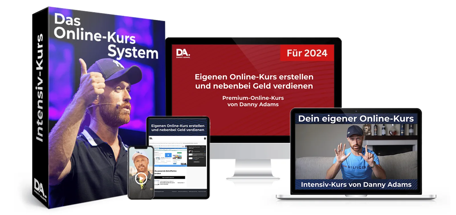 Das Online-Kurs-System Produktabbildung mit Boxverpackung, Smartphone, Tablet und Laptop-Mockup