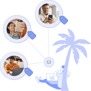 Illustration von drei Personen mit Geräten verbunden durch E-Mail-Symbol und Palme