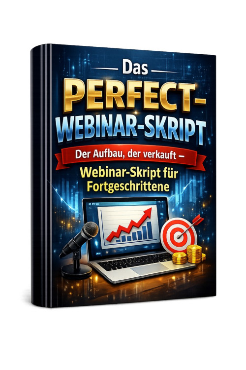3D-Mockup Das Perfect-Webinar-Skript Cover mit Laptop, Mikrofon und Target-Symbol