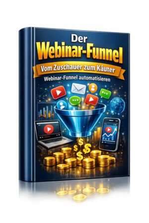 Cover Der Webinar-Funnel mit Trichter-Grafik, Laptop, Smartphone und Münzstapeln