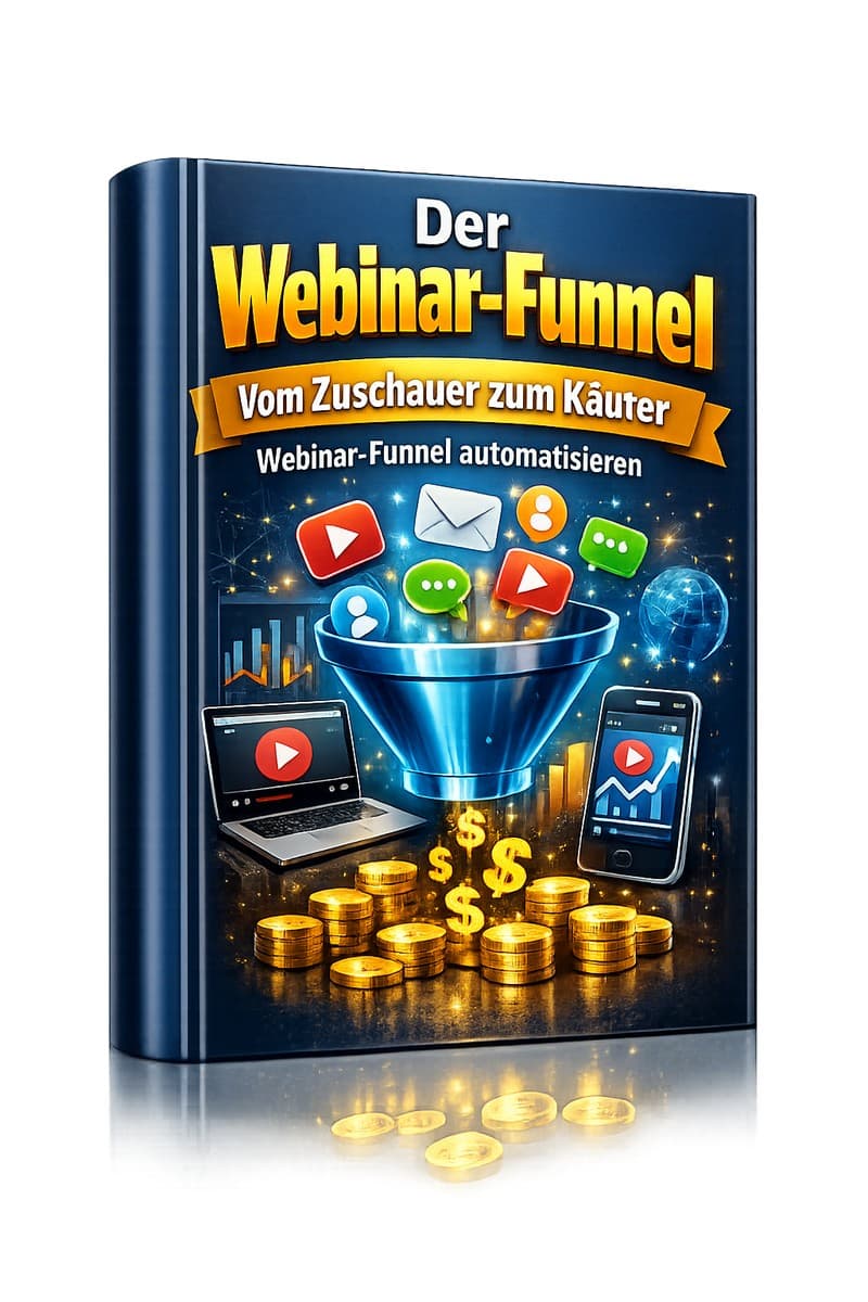 Cover Der Webinar-Funnel mit Trichter-Grafik, Laptop, Smartphone und Münzstapeln