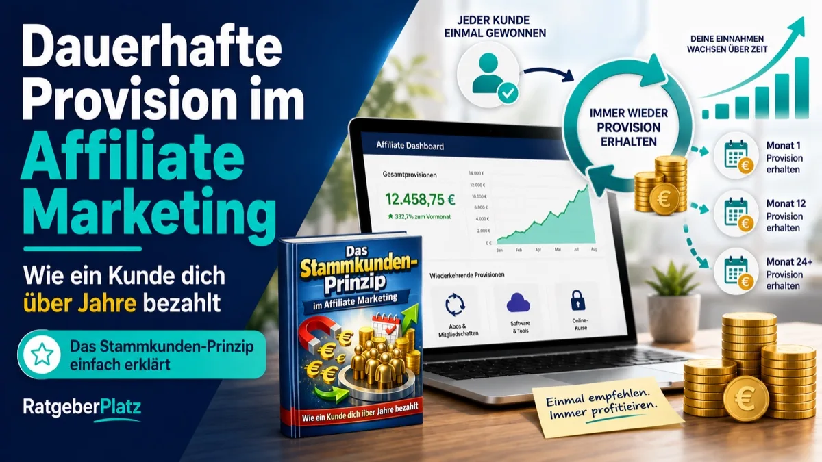 Hero-Banner: Dauerhafte Provision im Affiliate Marketing mit Affiliate Dashboard, Provisionsanzeige und Ratgeber-Cover