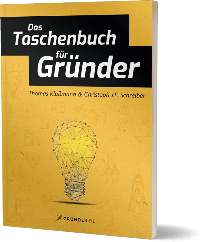 Taschenbuch für Gründer 3D Buch-Mockup mit gelber Glühbirne auf gelbem Hintergrund