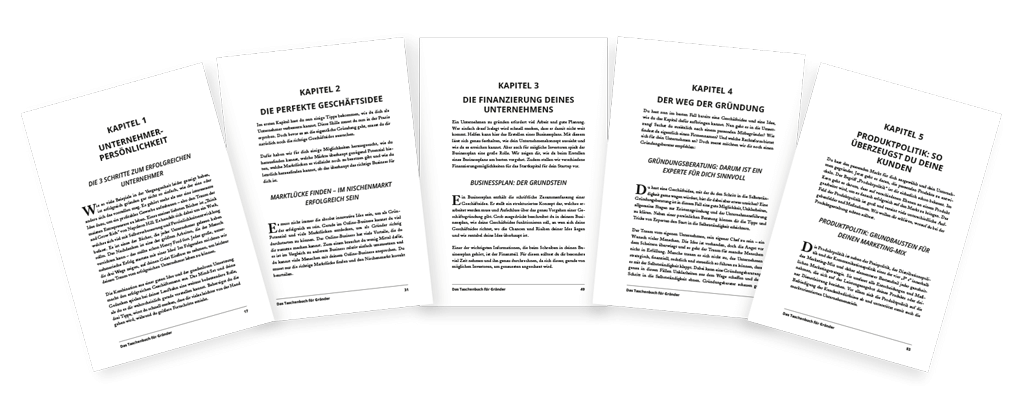 Innenseiten Mockup des Taschenbuchs für Gründer mit fünf aufgeschlagenen Buchseiten