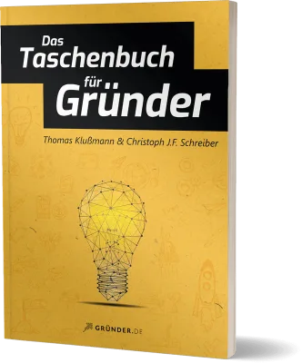 Taschenbuch für Gründer Cover mit gelber Glühbirne und schwarzem Textfeld