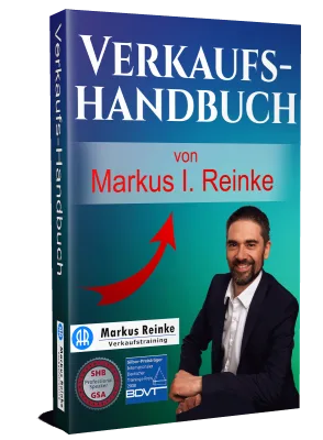 Verkaufs-Handbuch Cover von Markus I. Reinke mit rotem Pfeil-Design und Autor-Foto