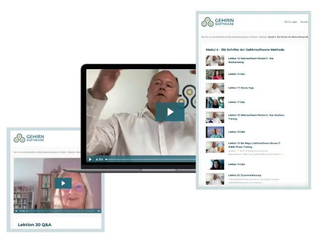Screenshot der Kurs-Plattform mit Modul 4 Inhaltsverzeichnis und Videoplayer mit Heinz Krug