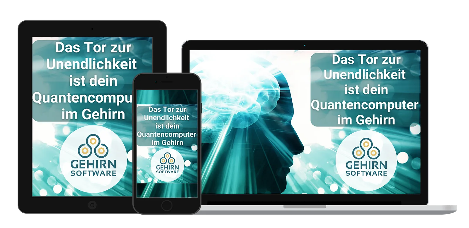 Responsive Mockup des Videokurses auf Tablet, Smartphone und Desktop mit Kurstext und Logo