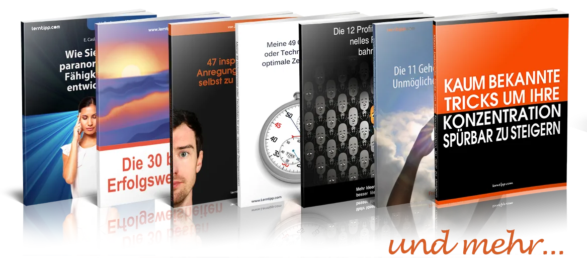 Das Turbolernsystem – E-Book zum Schnelllernen von Jan Kuonen 5 Mockup-Display von sechs E-Book-Covern des Turbolernsystems mit Titeln zu Erfolg, Konzentration und persönlicher Entwicklung