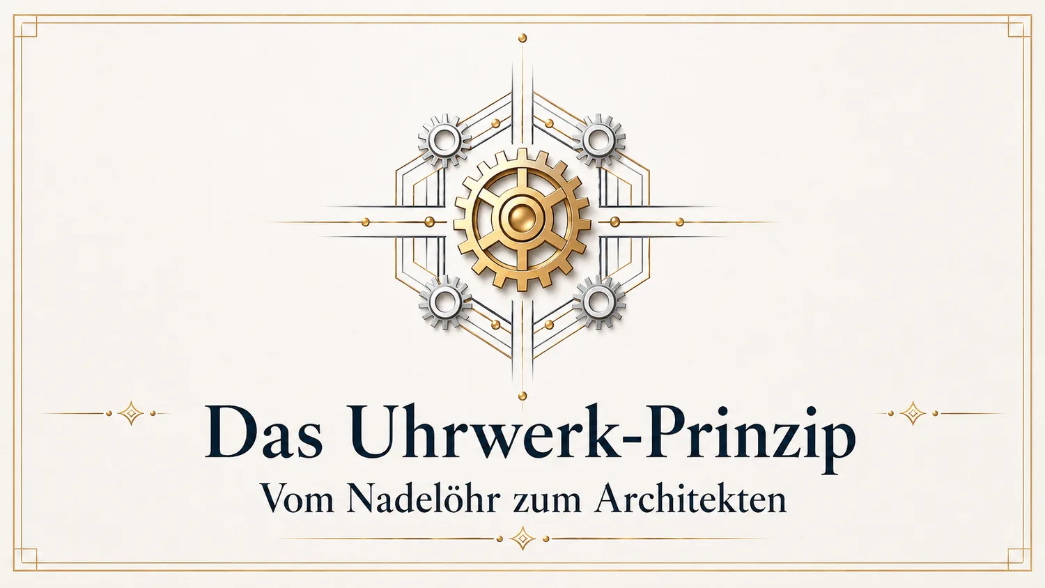 Das Uhrwerk-Prinzip Titelbild mit Zahnrad-Illustration und Subtitle Vom Nadelöhr zum Architekten