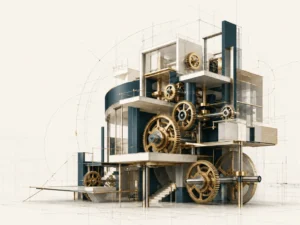 Moderne Architektur mit integrierten goldenen Zahnrädern und technischen Konstruktionszeichnungen